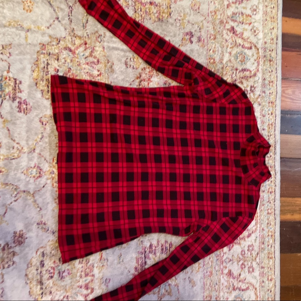 checkered red and black turtleneck